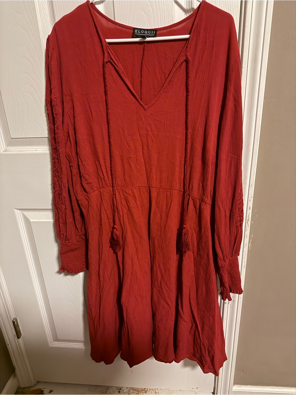 Eloquii Brick Red V-Neck Long Sleeve Tassel Dress